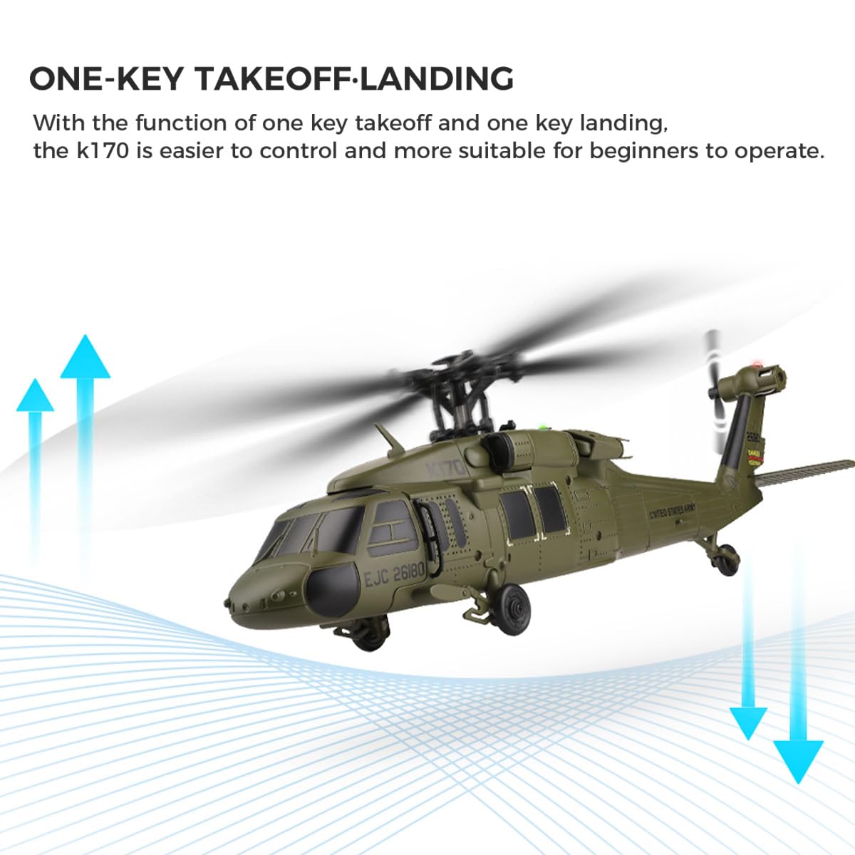 Razordon WL K170 BK Hawk RC Helicopter, 2.4G 4CH Flybarless 6-Axis Gyroscope Altitude Hovering RC Military Helicopter with Display Stand and Apron Takeoff Landing Pads (RTF Version)