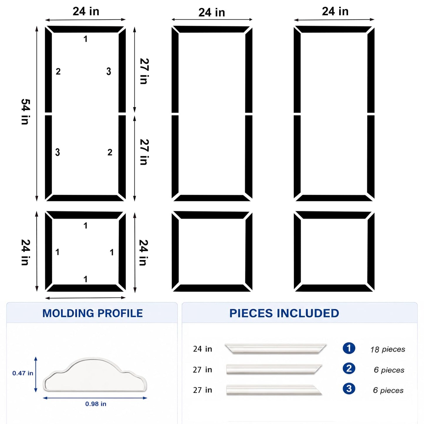 Peel and Stick Wall Molding Kit,6 Sets Pre-Cut Wainscoting Panels for Interior Wall Moulding Decor,Pre Made Wainscoting Wall Panel for Home Decoration Accent Wall (24x54in)