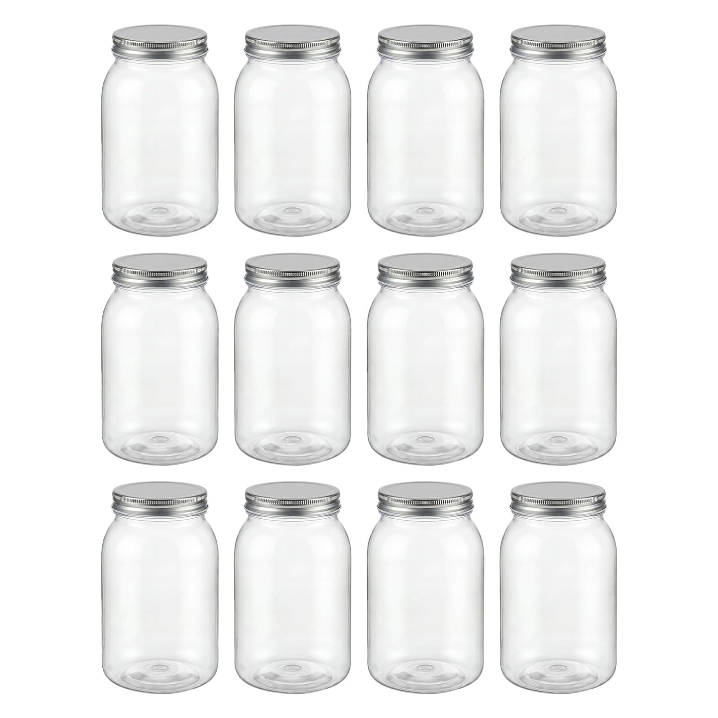 novelinks 32 oz Mason Jars with Plastic Lids, 12 Pack Large Plastic Salad Jars with Lids 32oz, Reusable Spice Containers & Kitchen Jars for Pantry Organization (12 Pack,Silver)