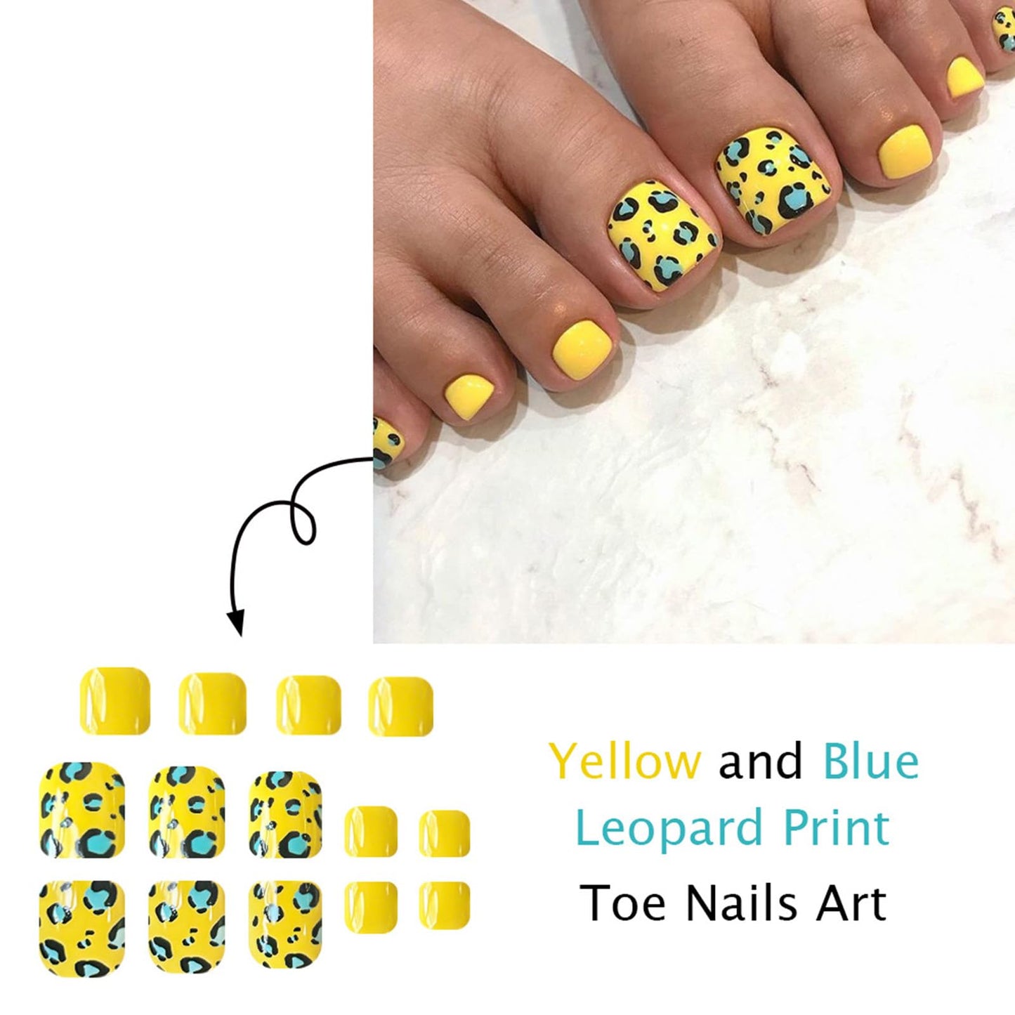 GCSQW Press on Toenails Glossy Yellow Fake Toe Nails with Blue Leopard Print Designs Square Toe Nails Press ons Full Cover Acrylic False Toenails Stick on Nails for Coquette Women 24Pcs
