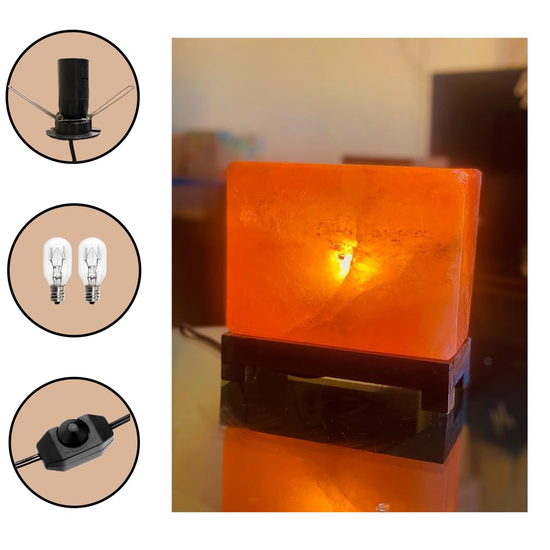 Himalayan Pink Salt Lamp 6.5 x 7.5 x 4 Inches – Natural Rectangular Crystal Rock Salt Lamp with Wooden Base, Dimmer Switch & 2 Bulbs – Soothing Amber Night Light for Home & Office