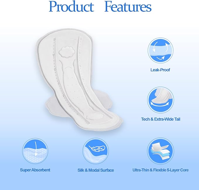 Large Women’s Sanitary Pads with Wings,Unscented & Breathable Menstrual Pads,Heavy Absorbency Period Protection,Soft & Comfortable Feminine Care - 12 Count