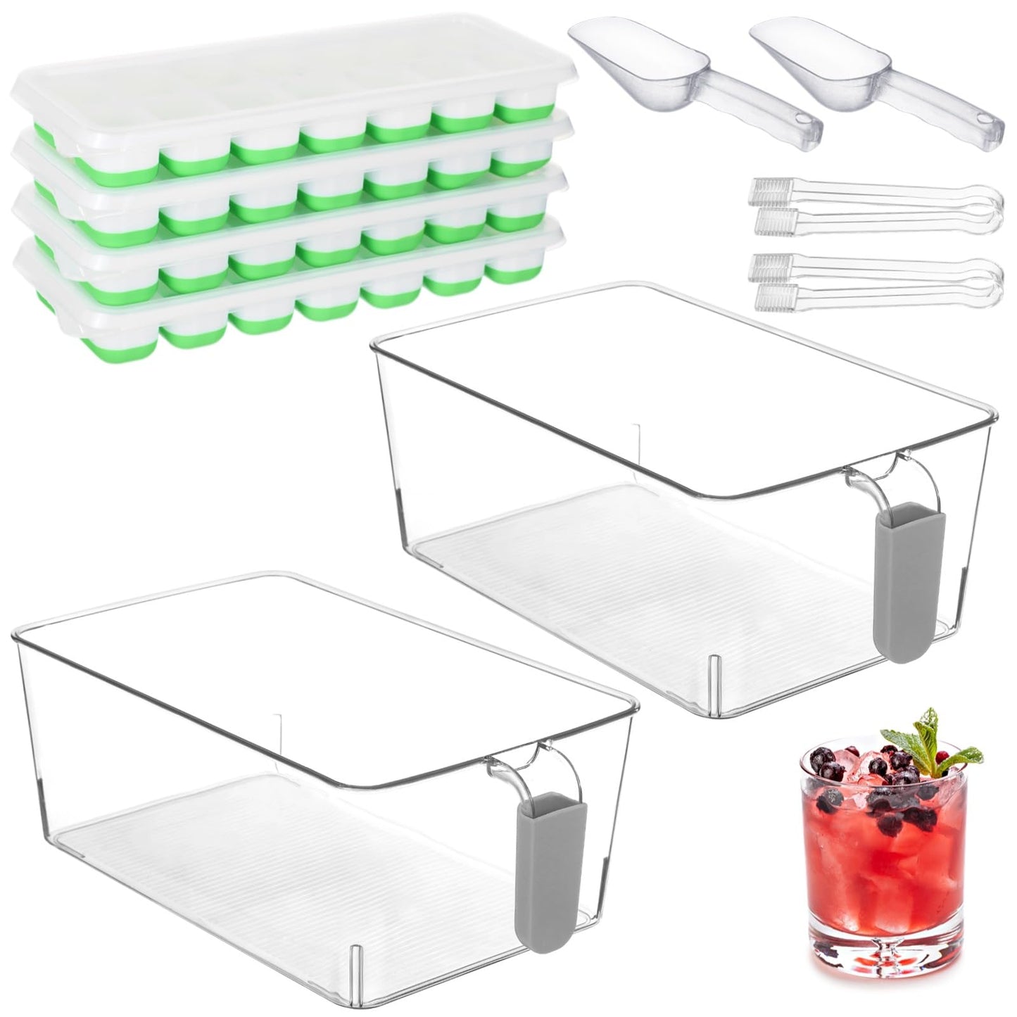 Freezer Ice Bin Set, 2 Pcs Ice Bin with Scoop and Tong, Ice Tray, Clear Ice Bucket with Pull-out Handle for Freezer, Clear Plastic Ice Container for DIY Drink Summer Party, 12.2 x 6.9 x 4.3 in