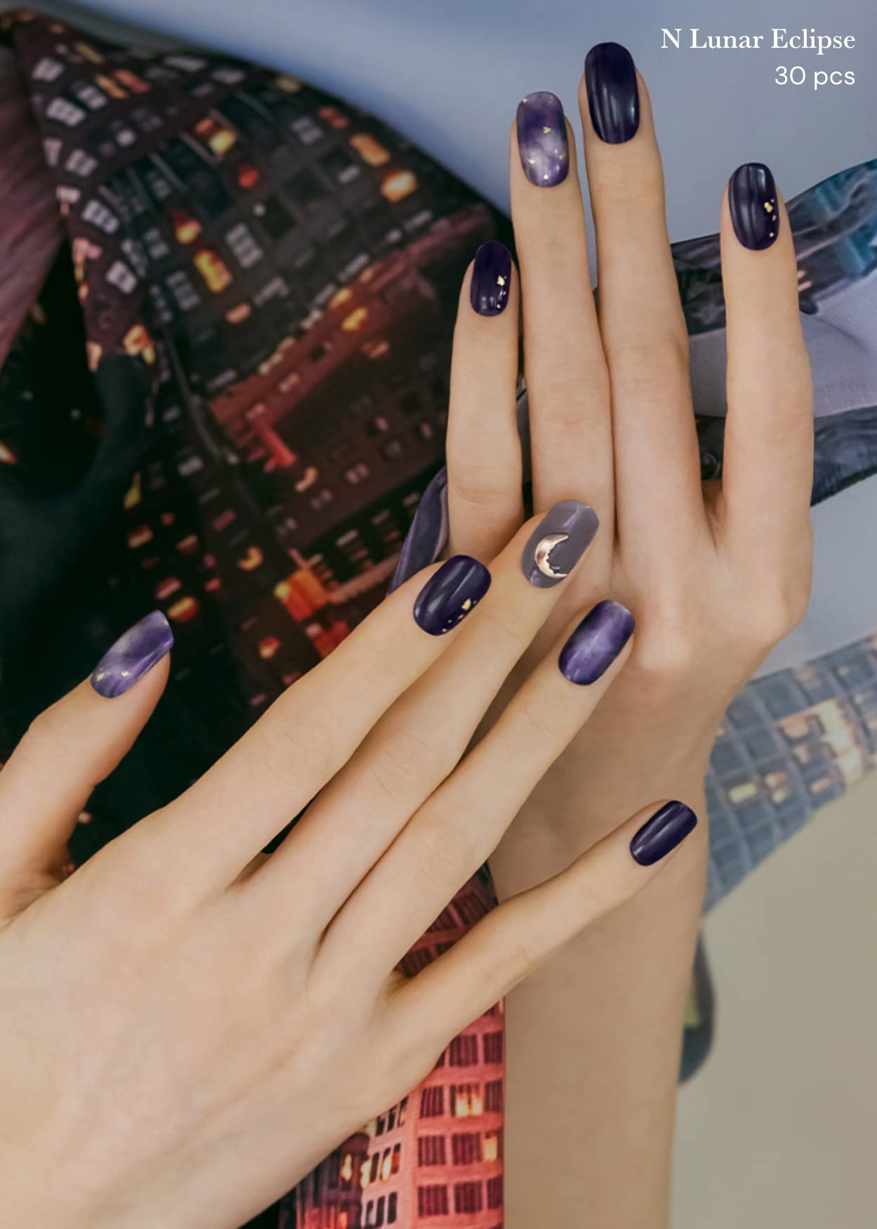 ohora Semi Cured Gel Nail Strips (N Lunar Eclipse) - Dark, Patterned, Works with Any UV/LED Lamps, Salon-Quality, Long Lasting, Easy to Apply & Remove - Includes 2 Prep Pads, Nail File & Wooden Stick