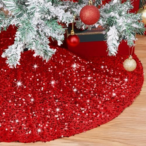 Christmas Tree Skirt 36 Inches Red Glitter Sequins Tree Skirt Thick Velvet Xmas Tree Skirt Mat Winter Holiday Xmas Tree