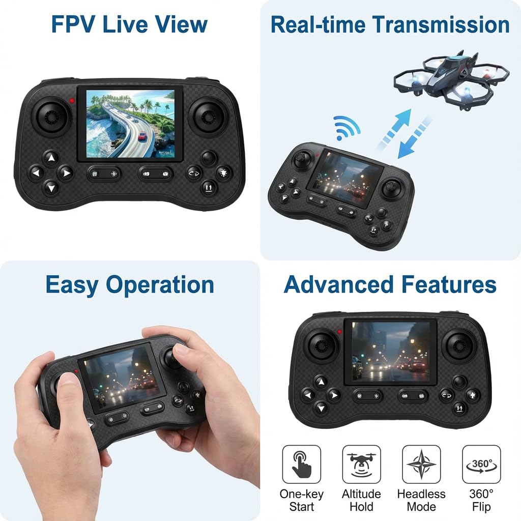 elecci D79Pro FPV Drone with Screen Controller, Crossing drones, Altitude Hold, One Key Take Off/Landing, Active Obstacle Avoidance,360 Degree Flip, Two-batteries. (White-2 batteries)
