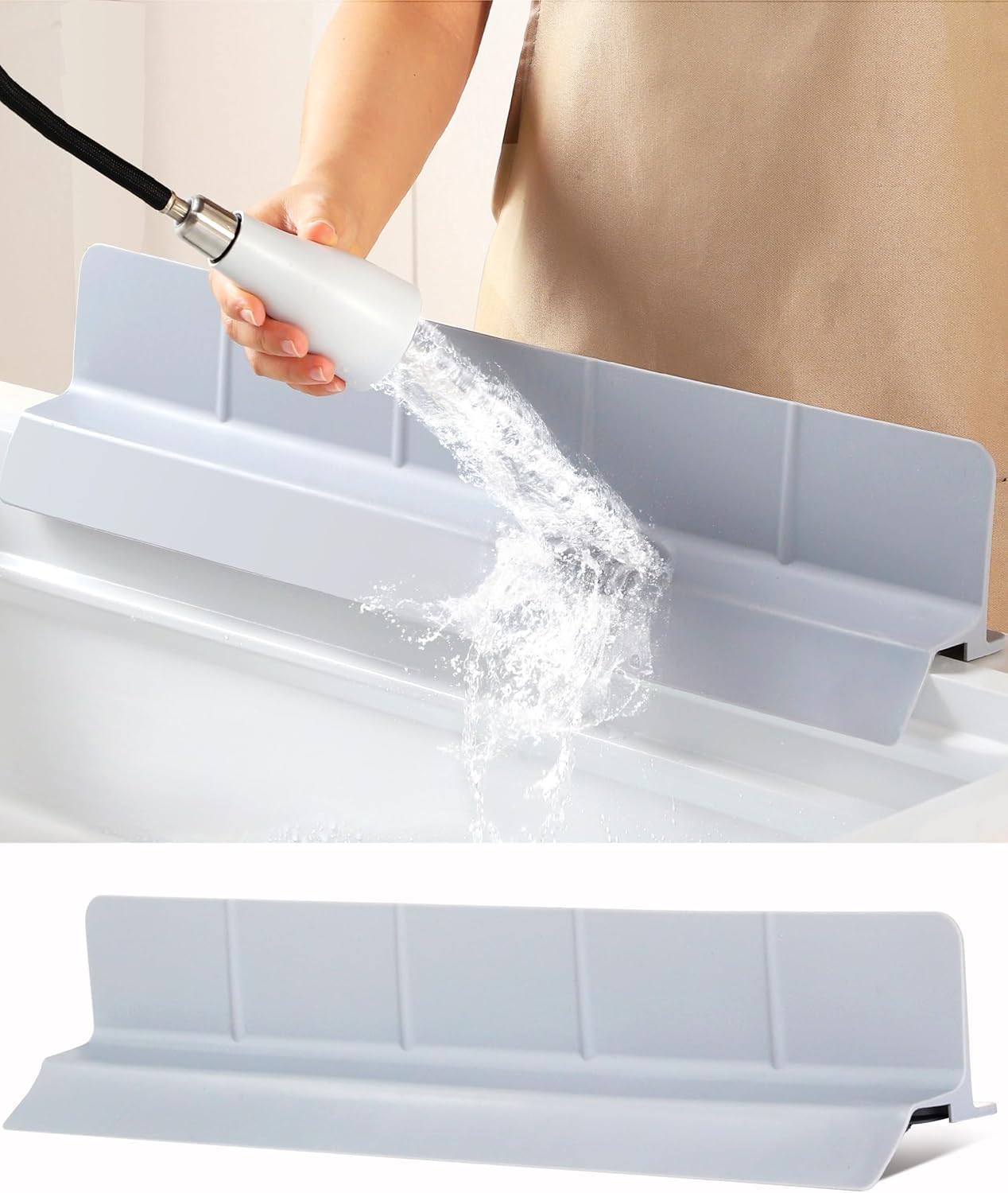 Akrelyan Kitchen Sink Splash Guard 18" 23" Self-Draining Silicone Water Guard with High Splash Wall & Strong Suction Cups for Faucet, Countertop & Sink Edge, Keeps Sinks Dry, Dishwasher Safe, Gray