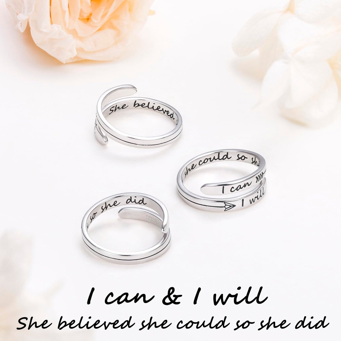 Ladytree Adjustable Inspirational Rings 925 Sterling Silver Stacking Wrap Spiral Twist Statement Band Encouragement Ring for Women Men(She believed she could so she did,I can I will)