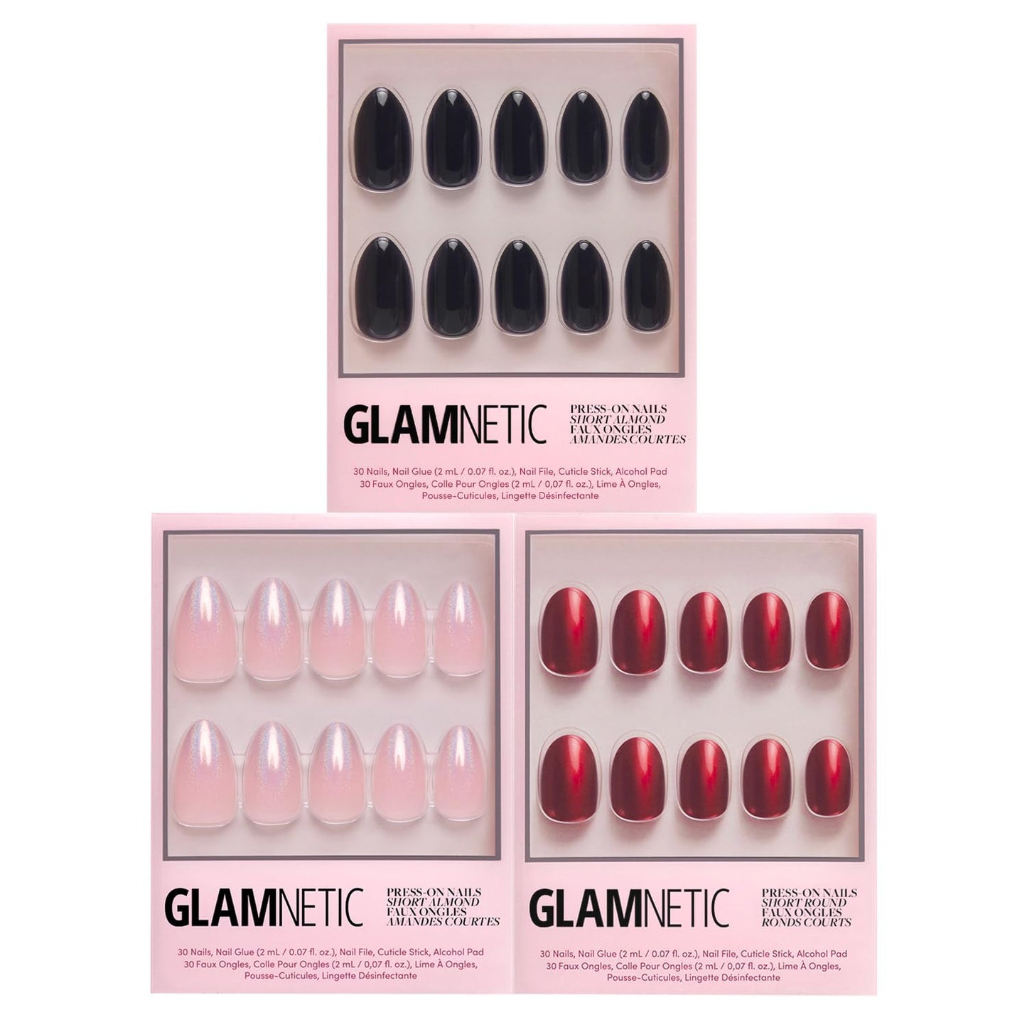 Glamnetic Press-On Nails Bundle - Winter Storm, Cherry Glaze & Boba | Semi-Transparent Short Almond Nails | Glazed Almond False Nails | Sparkly Black Squoval Fake Nails