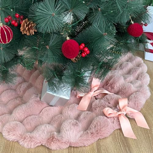 36-Inch Puff Quilt Faux Fur Christmas Tree Skirt, Soft Plush Tufted Texture with Satin Ribbon Ties, Baby Pink