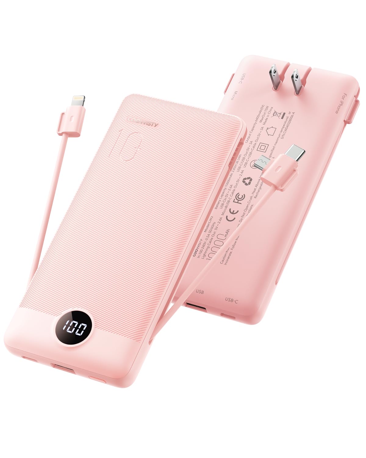Coowisty Portable Charger Built-in Cables and Wall Plug, 10000mAh Slim USB C Power Bank, LED Display External Battery Pack Compatible with iPhone/Android & More (Pink)