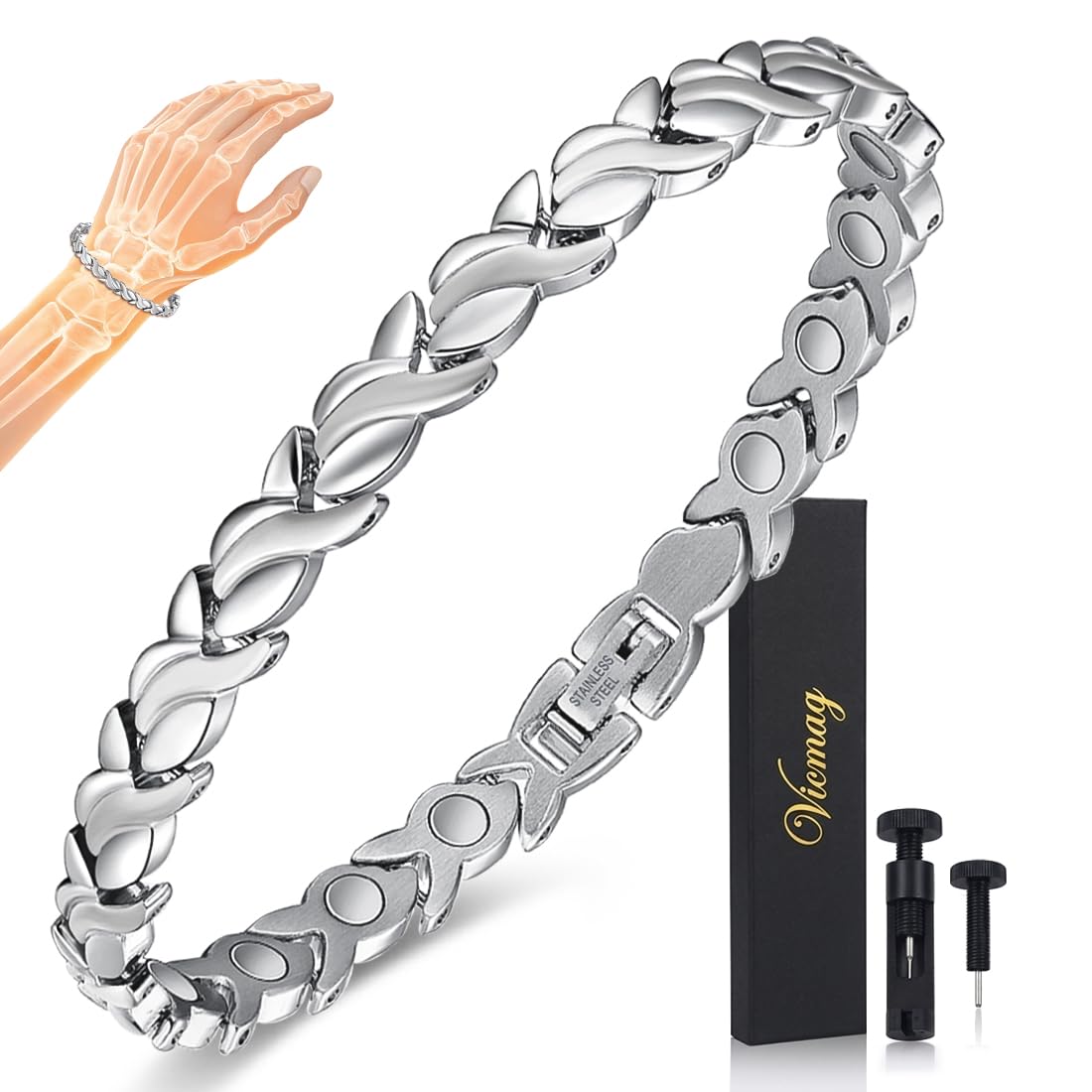 Vicmag Magnetic Bracelet for Women, Titanium Steel Bracelet with Ultra Strength Magnets, Waterproof & Adjustable, Jewelry Gift with Sizing Tool(Silver Fishtail)