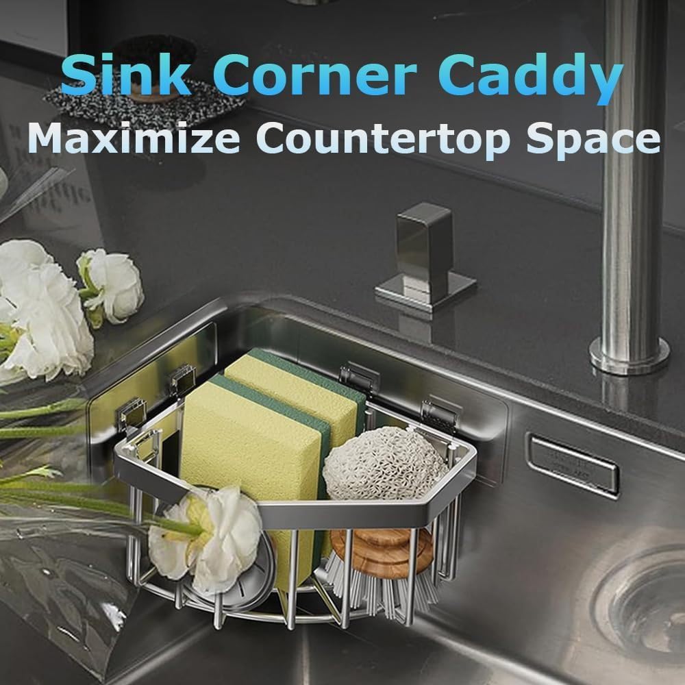 TRMFUSA Sponge Holder Corner Sink Caddy Sink Organizer for Kitchen Bathroom Stainless Steel Triangle Soap Holder with 2 Pcs Adhesive Hook(L)