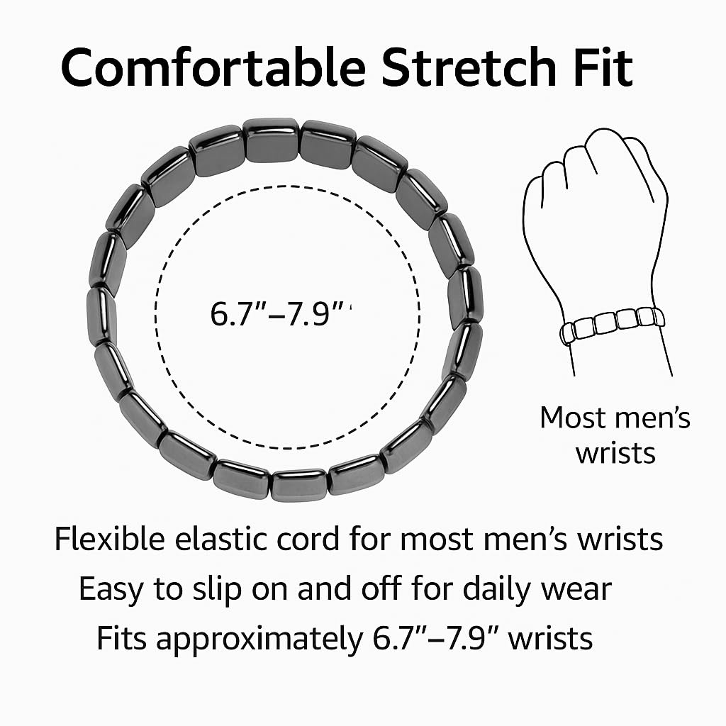 Zan Mast Hematite Bracelet for Men, Natural Stone Beaded Stretch Bracelet, Black Mens Bracelet, Elastic Statement Jewelry Gift for Him(Thick)