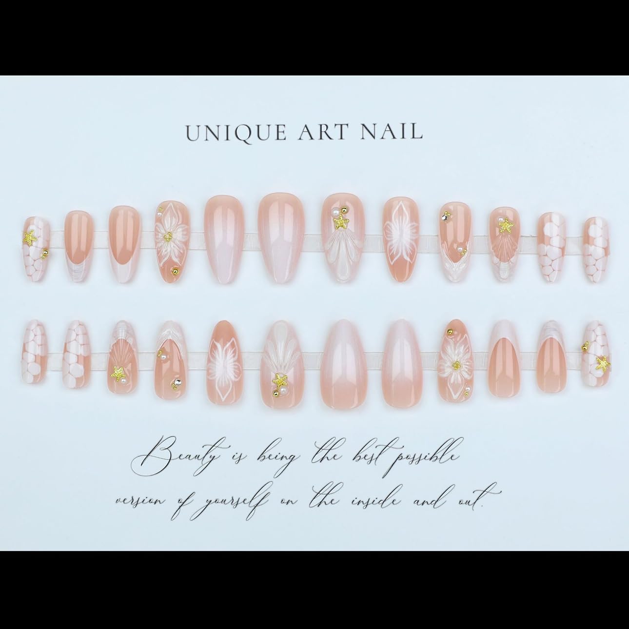LPOODDNU 3D Almond Press on Nails - White French Tip Medium Fake Nails with Flower Pearl Star Designs, Glossy Finished Reusable False Nails with Adhesive Glue Tabs - 24Pcs Nail Kit for Women Manicure