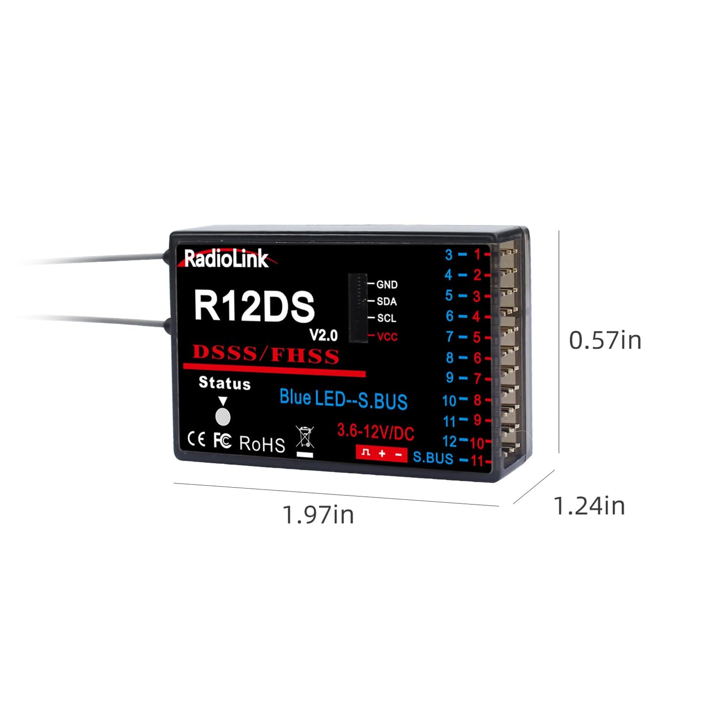 Radiolink R12DS 2.4GHz RC Receiver 12 Channels SBUS/PWM Long Range Control for Airplane, Aircraft Drone Jet RC Transmitter AT10II/AT10/AT9S Pro/AT9S/AT9