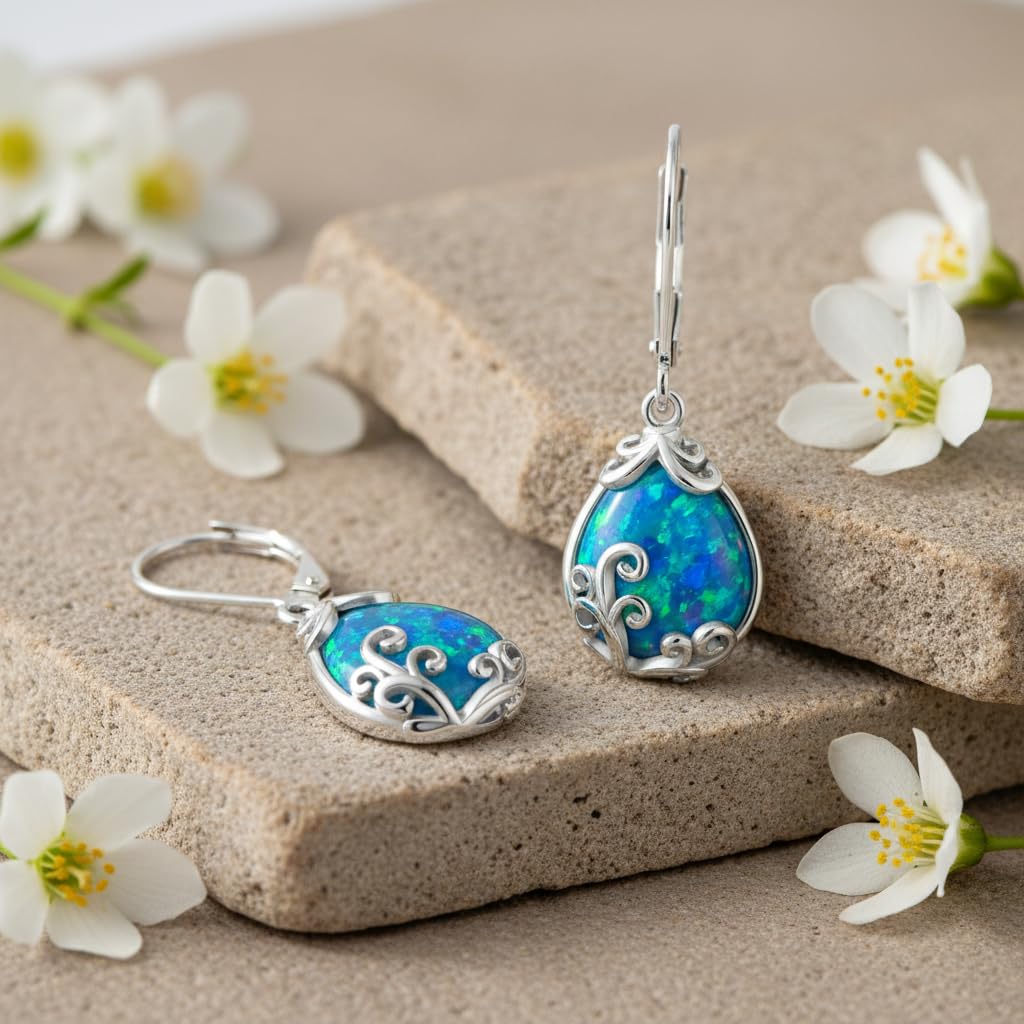 POPLYKE Blue Opal Filigree Teardrop Drop Dangle Earrings Sterling Silver Leverback Earrings Opal Jewelry Gifts for Women