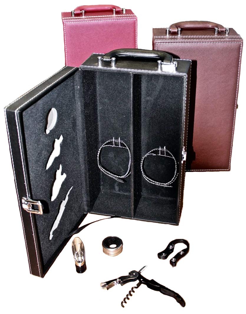 Digilant Lifestyle Top Handle Travel Two-Bottle Wine Carrier Case with 4 Piece Wine Accessory Set (Red)