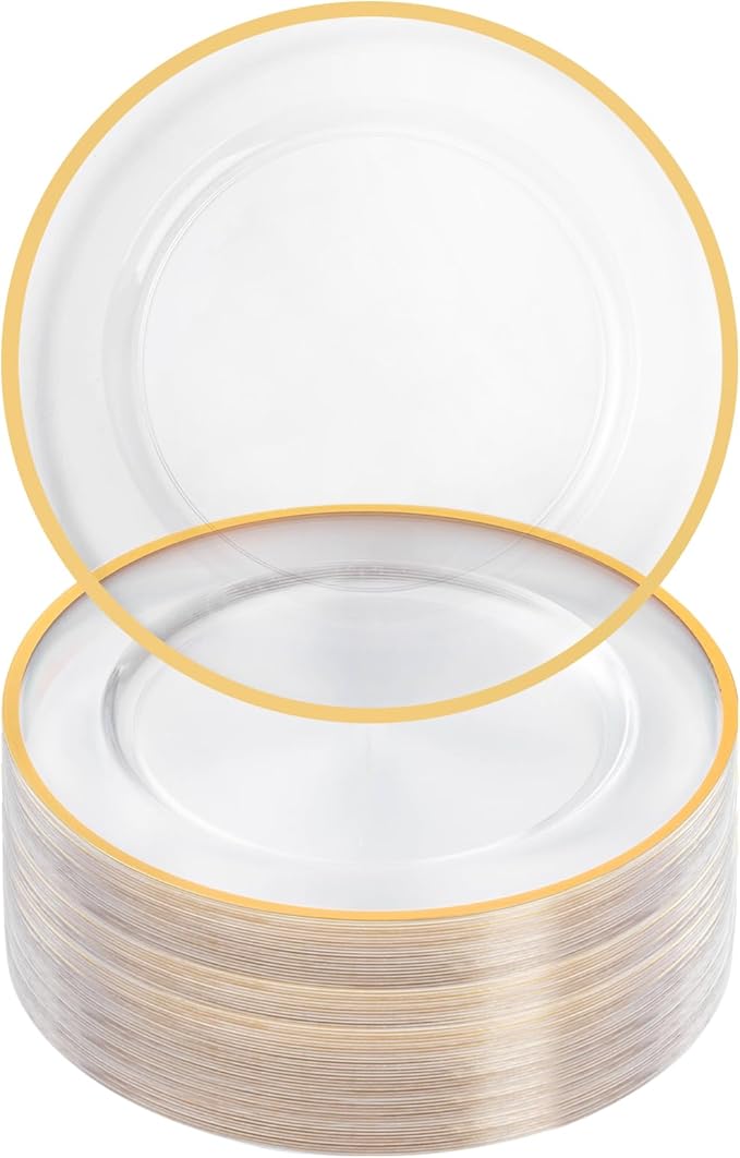 Goodluck 12 Inch Disposable Charger Plates Plastic, 100 Pack Plastic Clear Charger with Gold Rim, Gold Charger Plates for Dinner, Wedding, Party