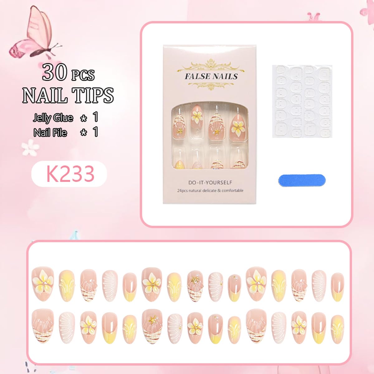 30Pcs Summer Yellow Press on Nails Medium Almond Nails Press on with 5D Flower, Pearl & Water Ripple Design French Tip Fake Nails Glossy Shell Glue on Nail Reusable Summer Nail for Women Manicure