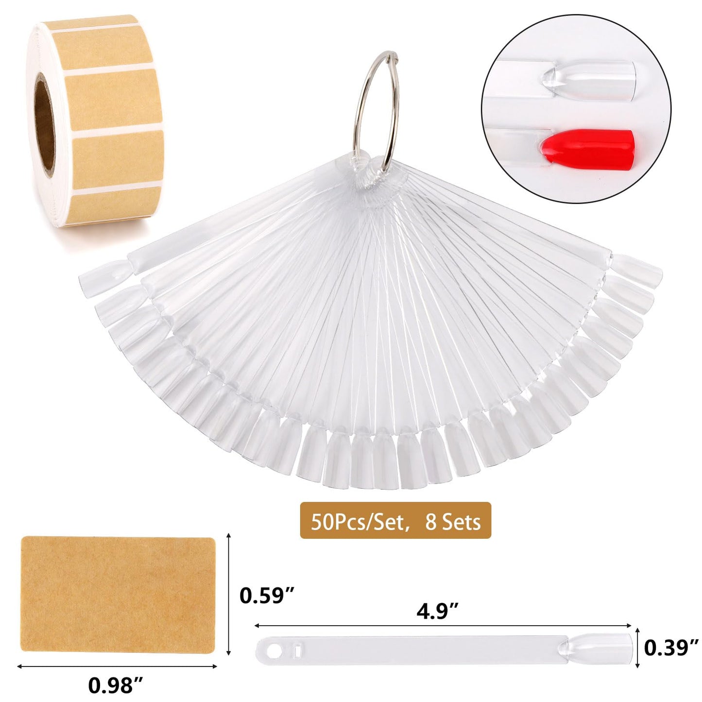 400Pcs Nail Swatch Sticks with Ring and Label Sticker，Fan-Shaped Nail Polish Swatch Stick for Nail Practice Color Display，Clear