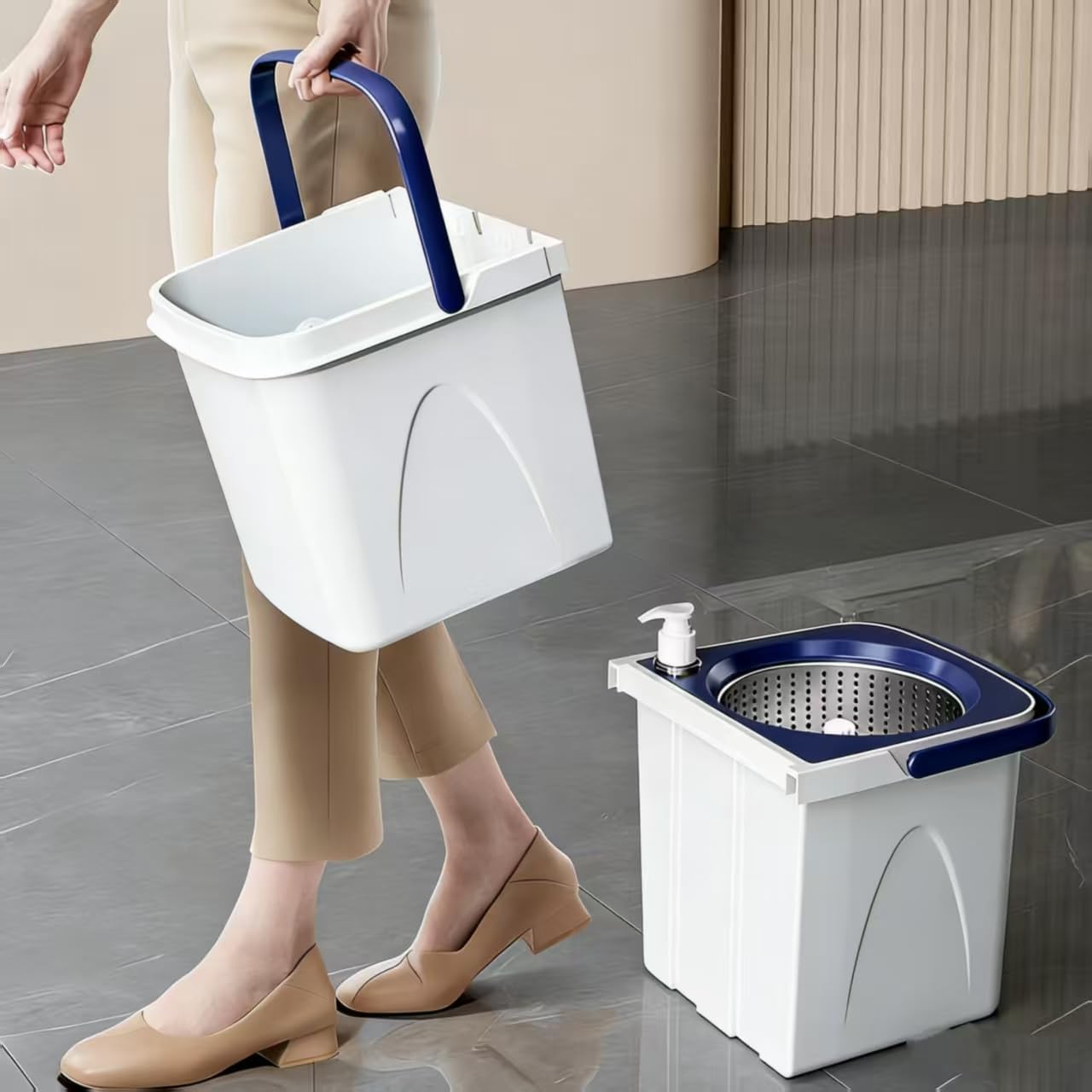 Spin Mop Bucket with Wringer, Mop with Bucket Set Includes 3 Replacement Pads, Durable Mop Bucket for Home Floor Cleaning
