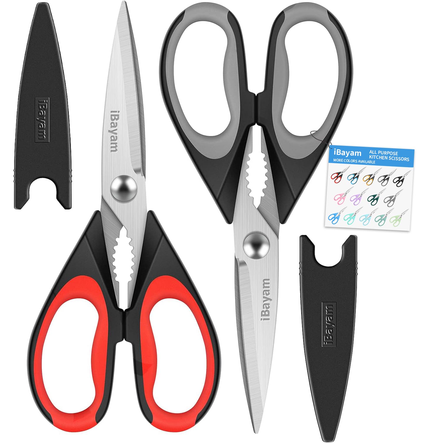 iBayam Kitchen Scissors All Purpose Heavy Duty 2 Pack with Protective Sheath, Stainless Steel Shears Kitchen Utensils Set for Cutting Food Cooking Meat Poultry Dishwasher Safe Soft Comfort-Grip
