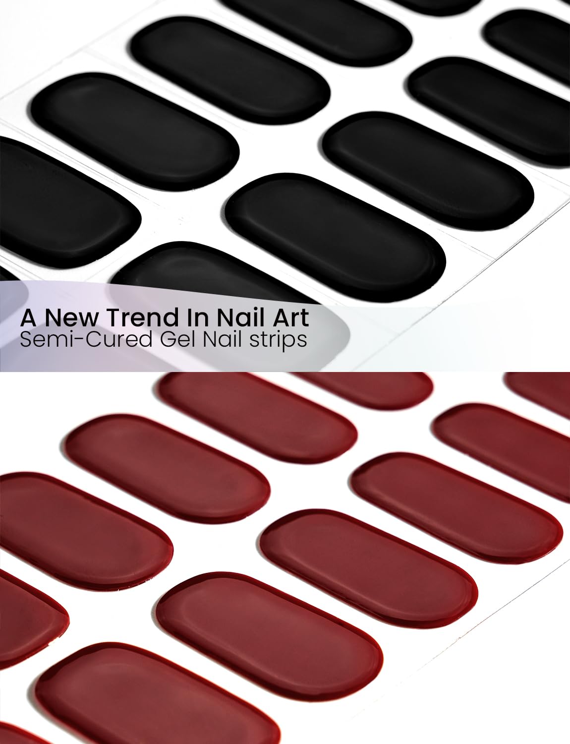 Semi Cured Gel Nail Strips 2 Styles | Built-In Gel Top Coat | UV Light Required | Salon Quality, Easy Application And Removal（Deep red & black)