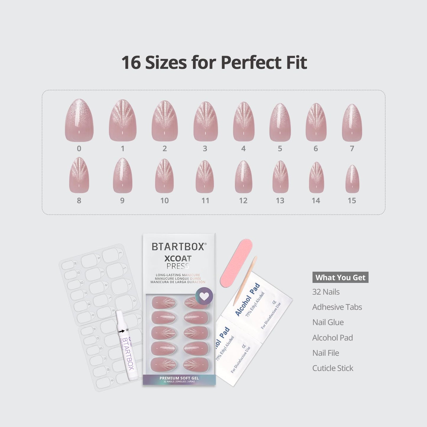 BTArtbox Press On Nails Short - Shell Luxe, Lamp-Curable 4-Week Wear 3D Shell Pink Cat Eye Almond Press On Nails with Glue and Adhesive Tabs, Easy-to-Apply in 16 Sizes - 32 Nails All-in-One Kit