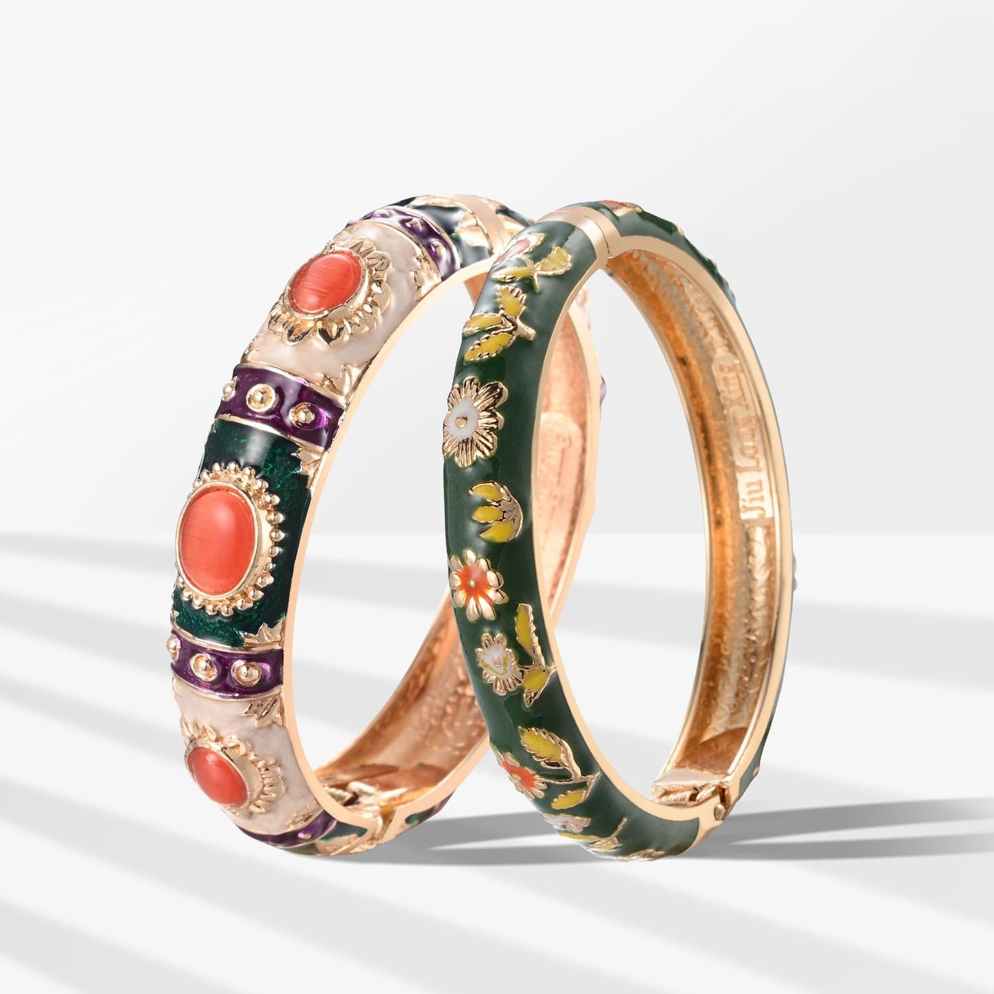 UJOY Cloisonne Couple Colors Bracelets Sunflower Enameled Spring Hinged Cuff Bangles Womens Gifts Jewelry 7735-55A18 Cream Green