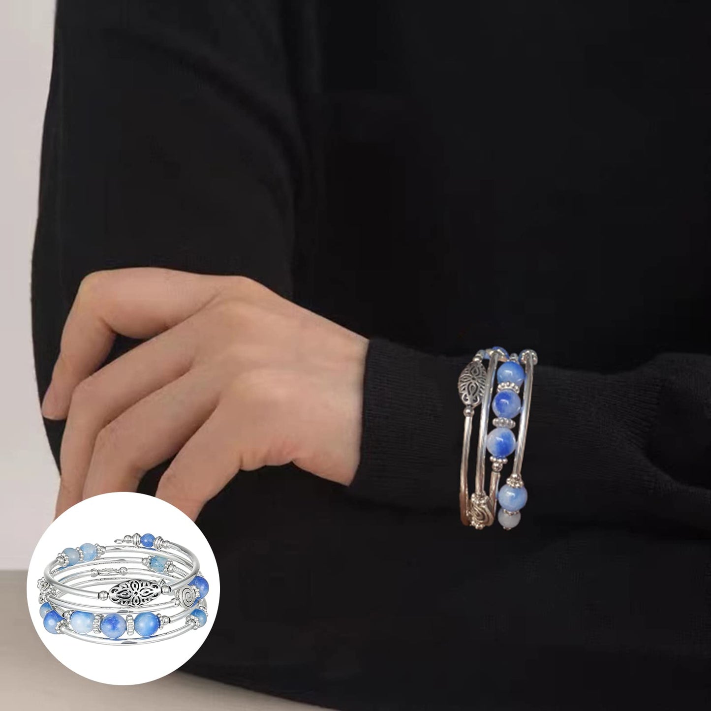 FULU AUTUMN Stackable Beaded Bracelets for Women Boho Wrap Silver Bracelet Layered Fashion Jewelry Gifts for Her(17-Sapphire)