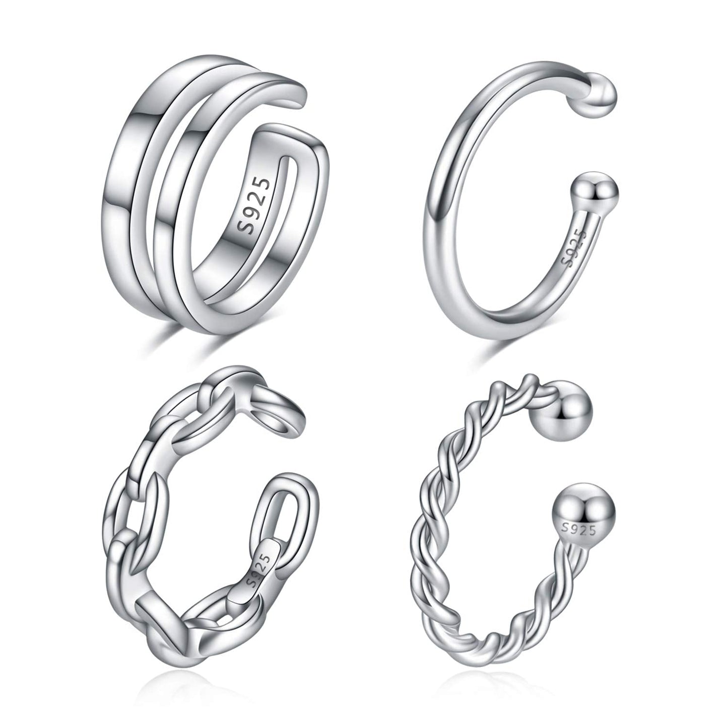 Ear Cuffs 925 Sterling Silver Non Piercing Ear Conch Clip on Cartilage Earrings for Women | 4 Various Styles