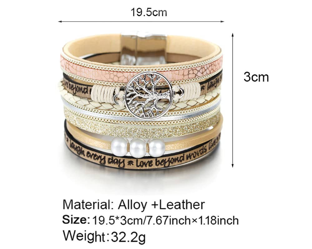 Fesciory Leopard Bracelet for Women, Boho Leather Wrap Multi-Layer Pearl Crystal Bracelet Bangle Jewelry(Tree of Life(Beige))