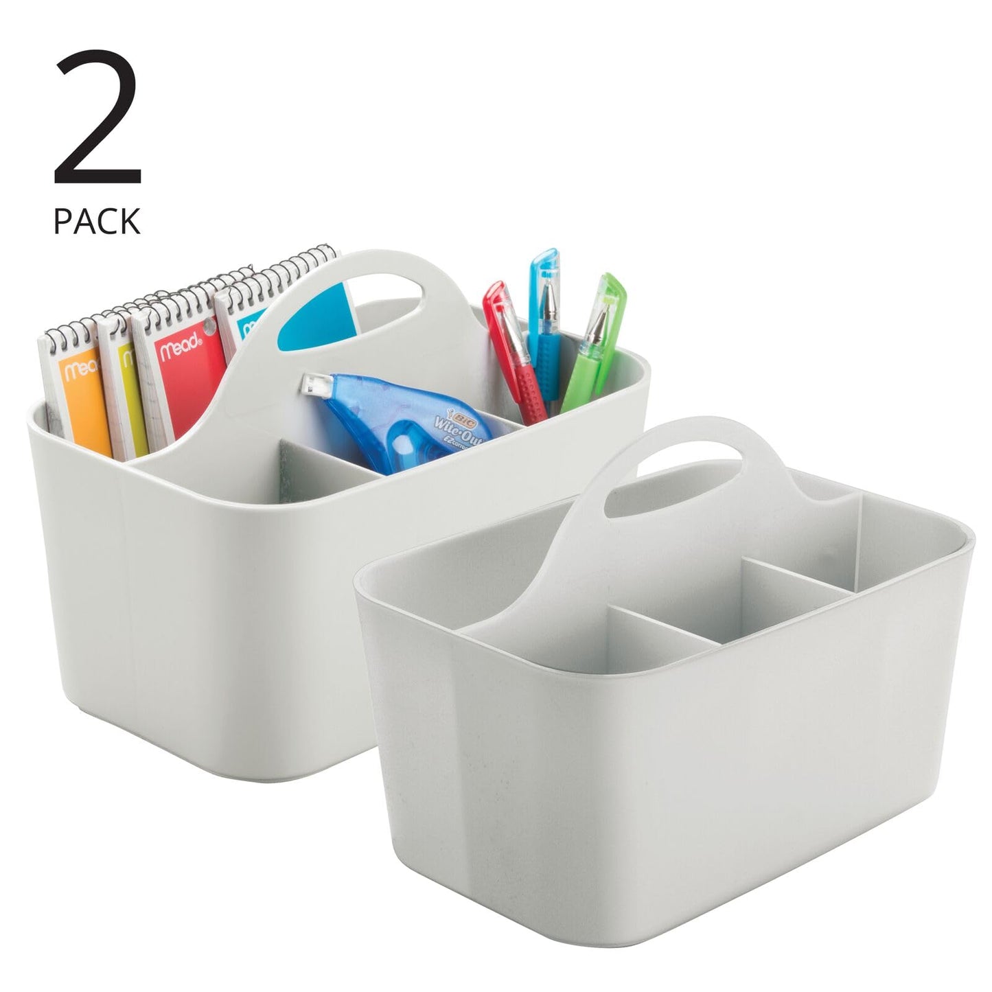 mDesign Plastic Small Office Storage Organizer Utility Tote Caddy with Handle for Cabinets, Desks, Workspaces - Holds Desktop Office Supplies, Pencils, Staplers Lumiere Collection, 2 Pack, Light Gray