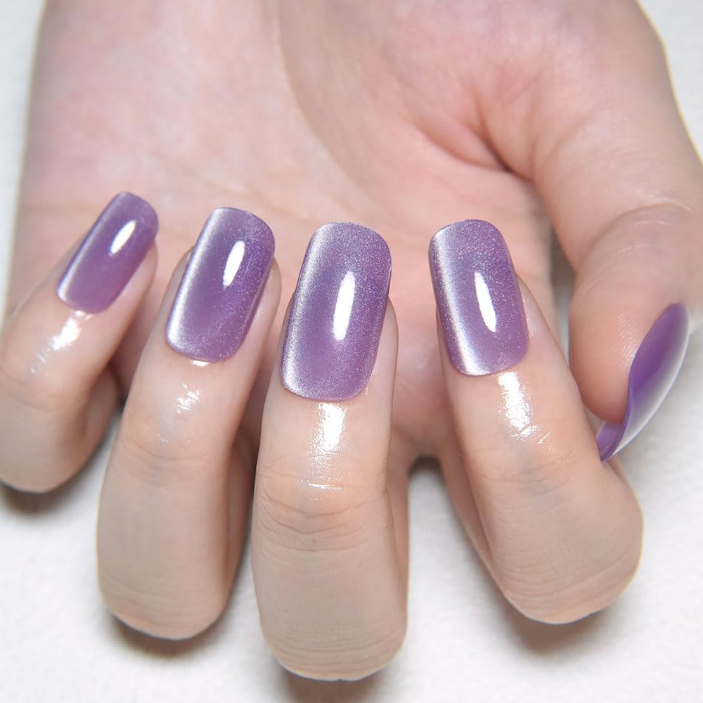 Lavender Purple Cat Eye Press on Nails Medium Square, Medium Square Press Stick on Nails Chrome for Women, Purple Holographic Glitter Glossy Reusable Gel Acrylic Fake Nail with Design Cateye Effect