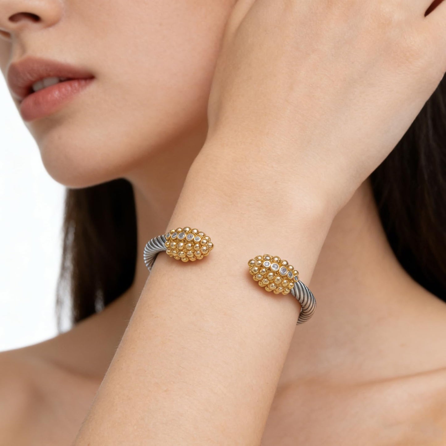 Gold Plated Cuff Crystal Bracelet, Stackable Bangles,Twisted Cable Wire Bangle Bracelets for Women, Stainless Steel Jewelry with Cubic Zirconia