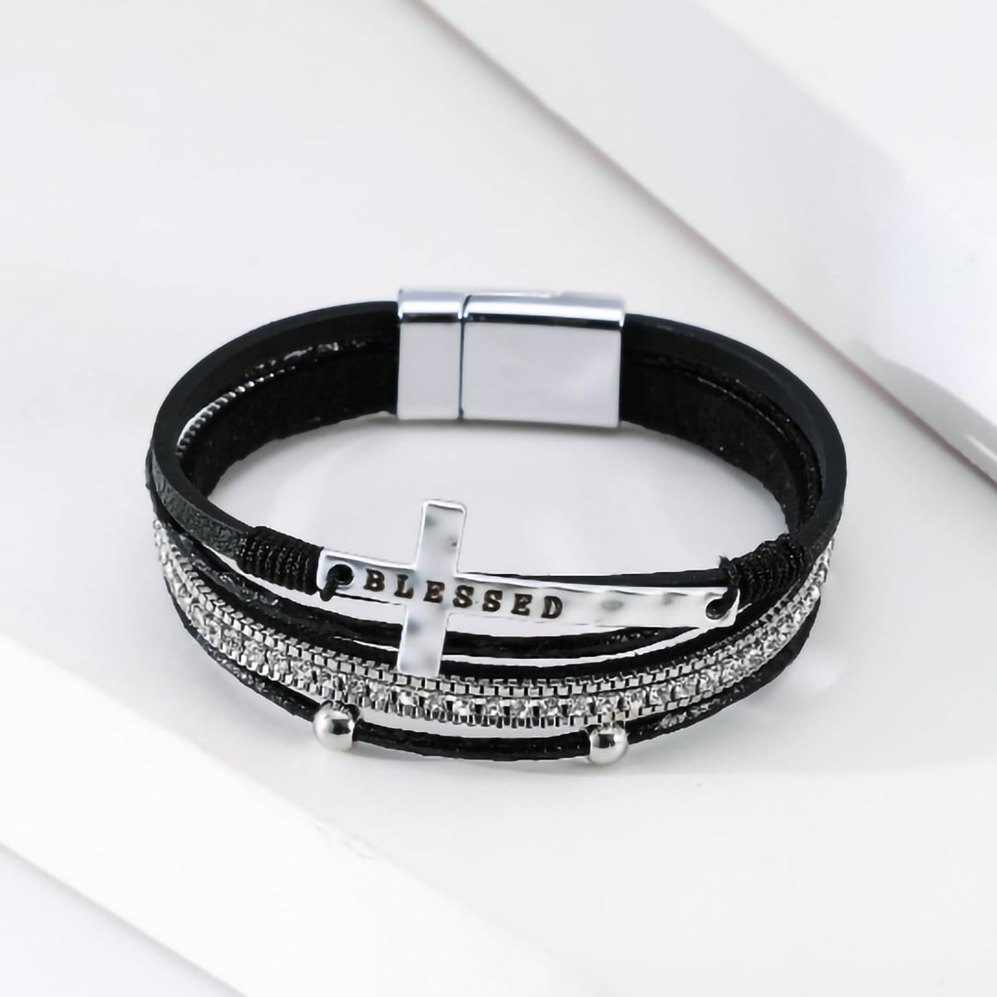 Leopard Bracelet for Women, Boho Leather Wrap Multi-Layer Pearl Crystal Bracelet Bangle Jewelry (Blessed Cross(Black))