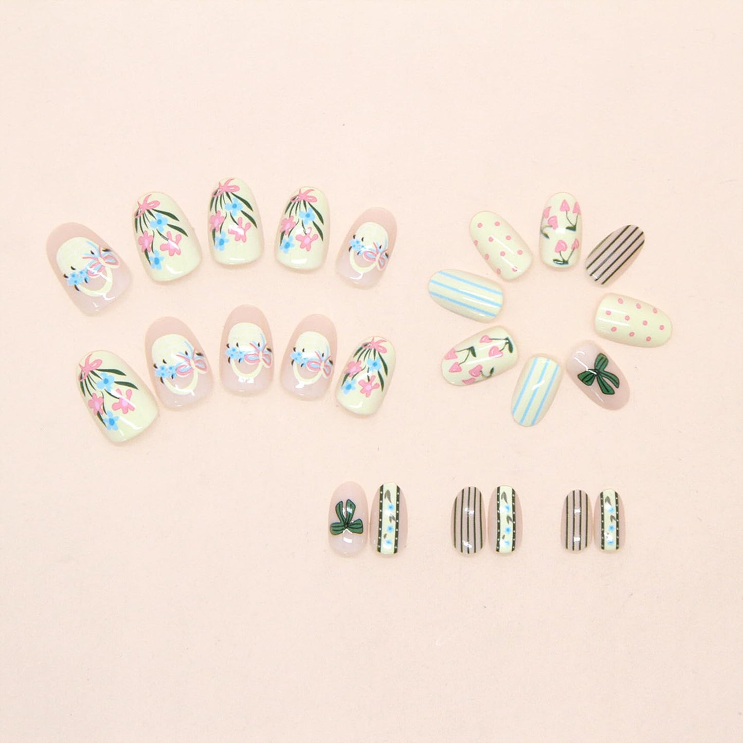Cute Flower Bow Press on Nails Short Oval Fake Nails Glossy Artificial Glue on Nail Reusable Acrylic Stick on Nail for Women DIY Manicure