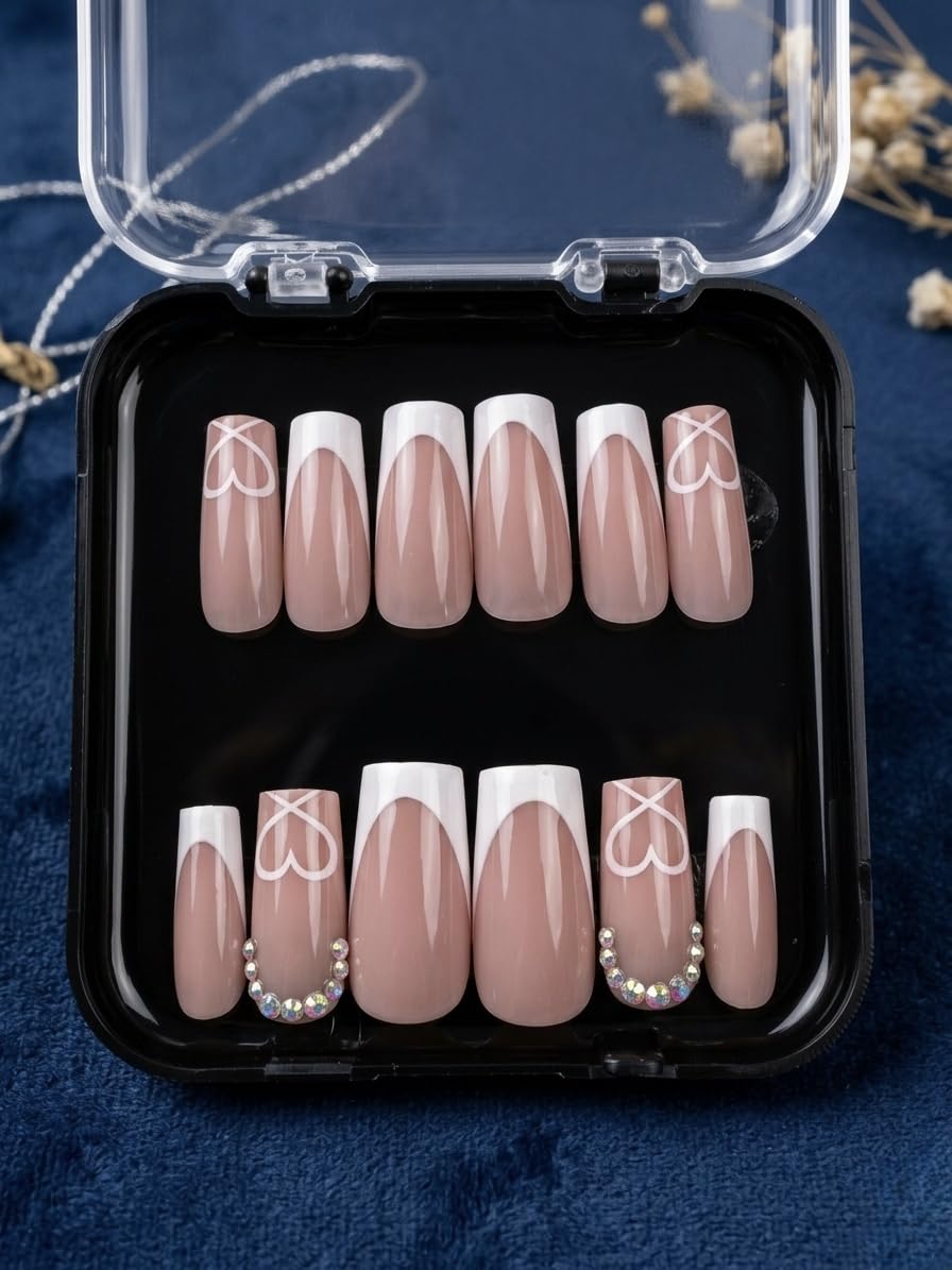 Viviera Handmade Press-On Nails, Blush Pink Nude with French Tips, Heart Design, Rhinestone Accents, 12 Count, with Manicure Kit