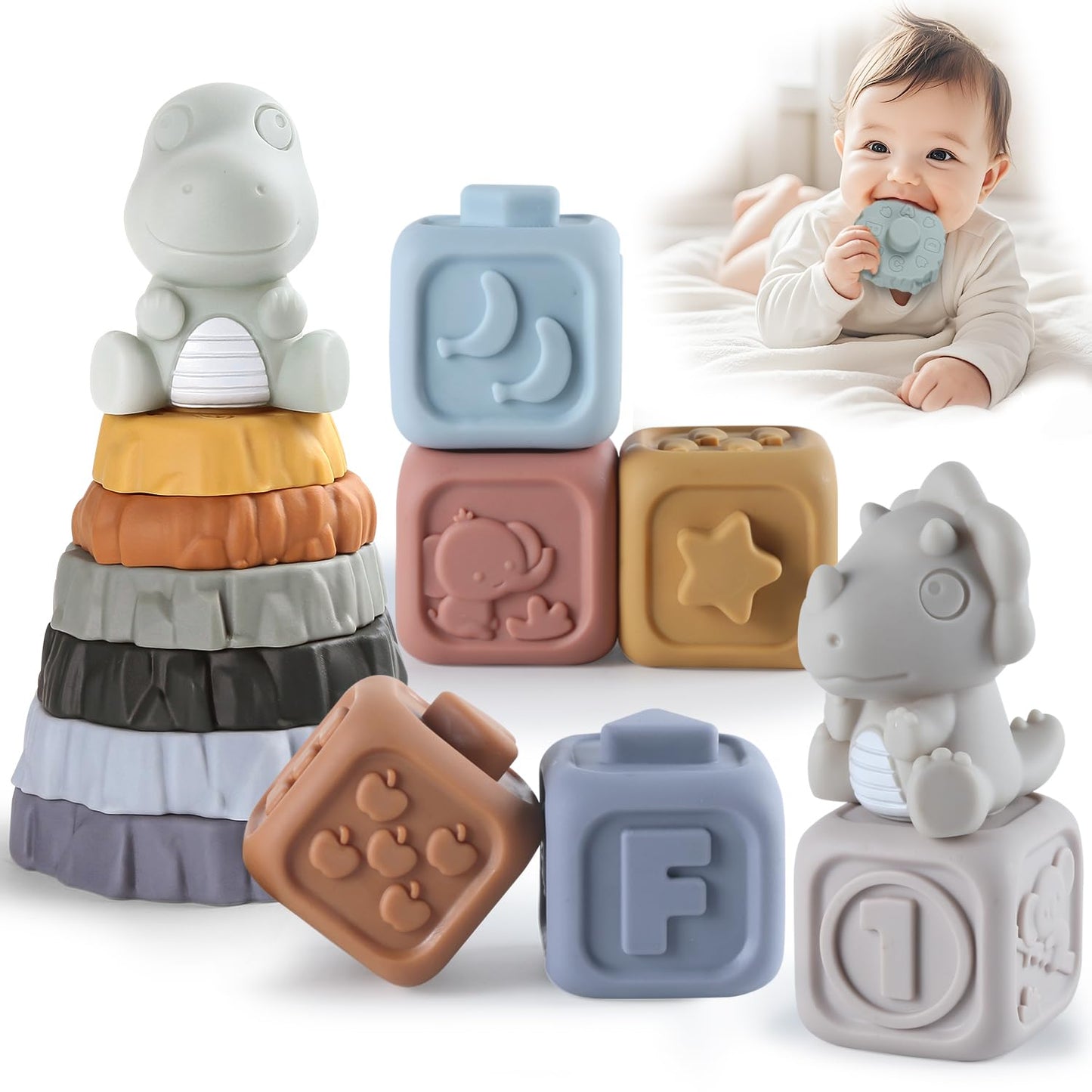 Yrkidstoi Stacking Rings & Nesting Building Blocks for Babies 6 12 18 Months, 14 Pcs Soft Stacker Teething Toys with 2 Dinosaur, Montessori Learning Toys for Infant Toddler Boys Girls
