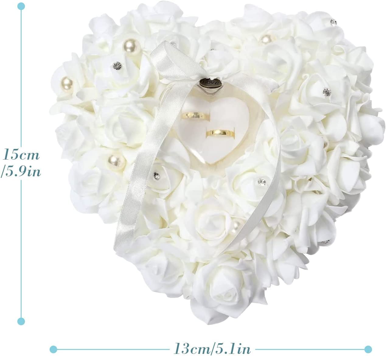 GOTOTOP Wedding Pillow, White Heart Shape Wedding Box for Wedding Lace Crystal Rose Heart Box Wedding Holder Gift