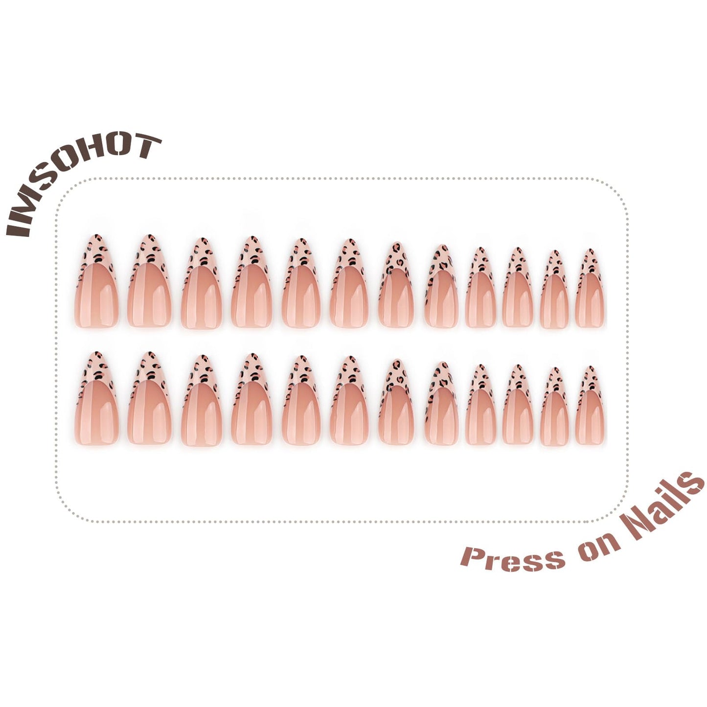 IMSOHOT Fall Press on Nails Long Stiletto Fake Nails Brown Leopard Print French Nail Tips Glossy Acrylic False Nails Autumn Stick on Nail for Women