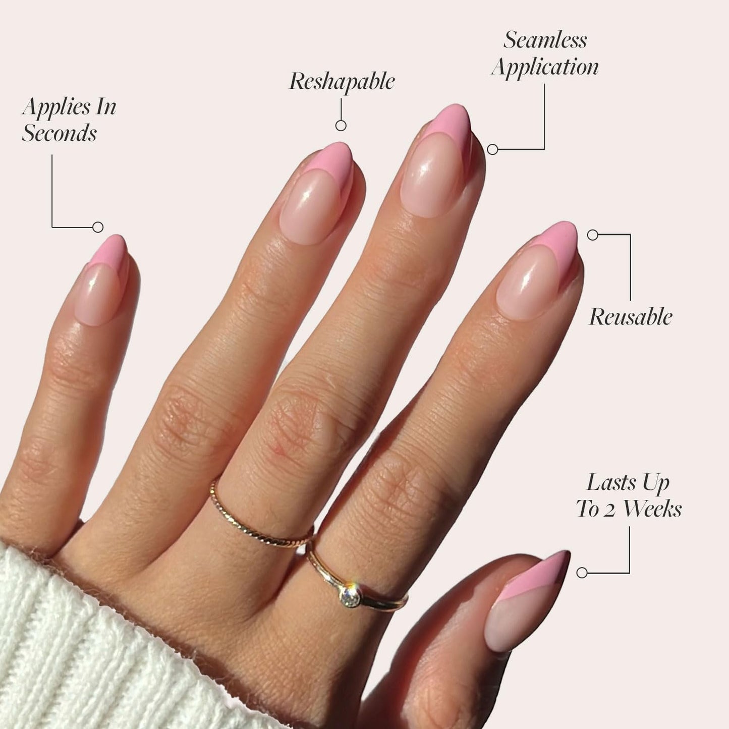 Glamnetic Press On Nails - Pink Macaron Spring Nails | Semi-Transparent Light Pink Pastel French Tip Short Almond Fake Nails in a Glossy Finish, Salon Quality | 15 Sizes - 30 Nail Kit