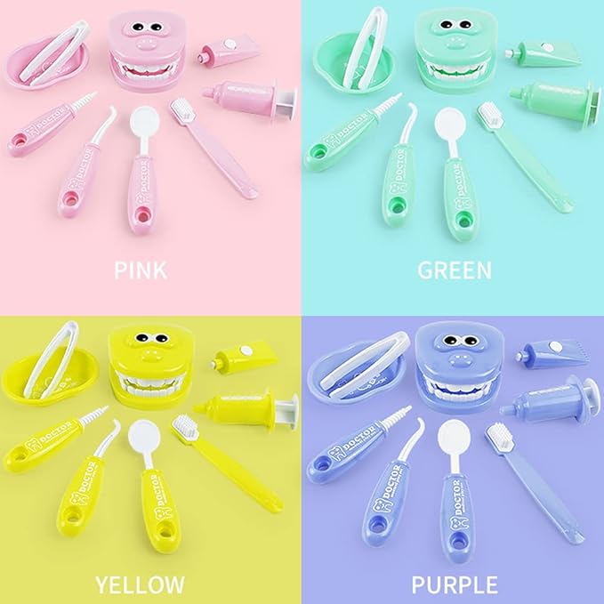 9PCS Plastic Simulation Dentist Play Set Medical Kit Pretend Toy for Kids Hygienic Habbit Cultivation Role Play Game for Children 6 Colors (Purple/Pink/Yellow/Green) Simple OPP Bag Packaging (Yellow)