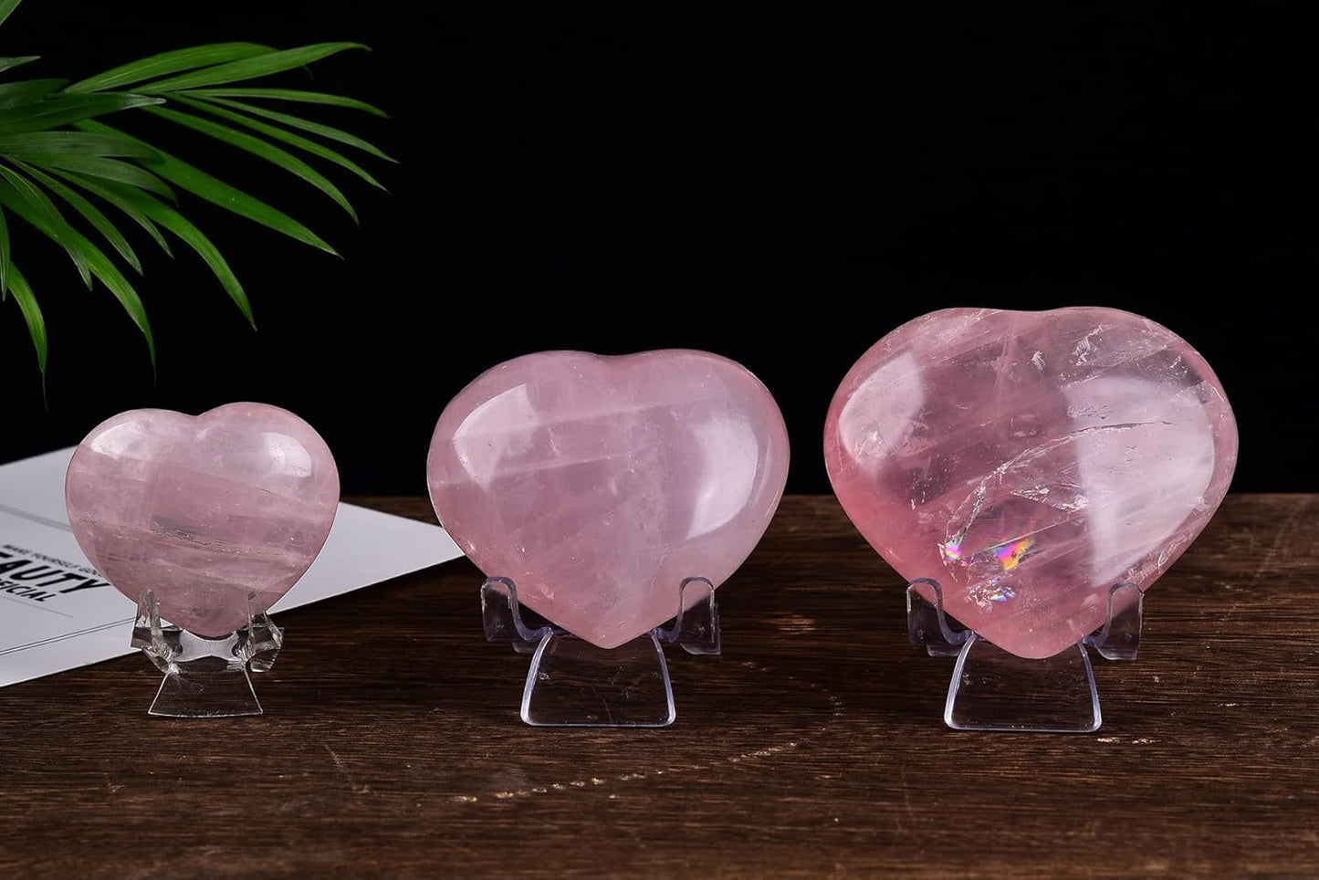 JIC Gem Heart Shaped Rose Quartz Crystal Healing Stone Large Pocket Palm Worry Stone with Display Stand Chakra Reiki Balancing 2.9"-3.3"