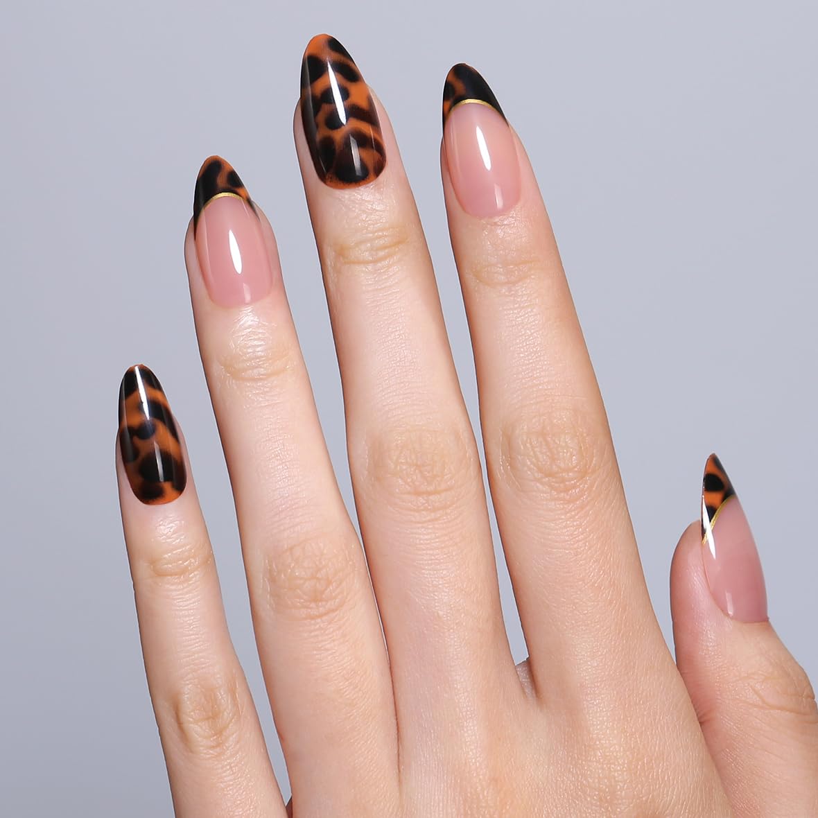 Goolich Short Almond Tortoise Shell Press On Nails, Brown French Tip Nails Press ons Set with Adhesive Tabs, 24 Pcs 12 Size Reusable Full Cover Glue on Nails for Women