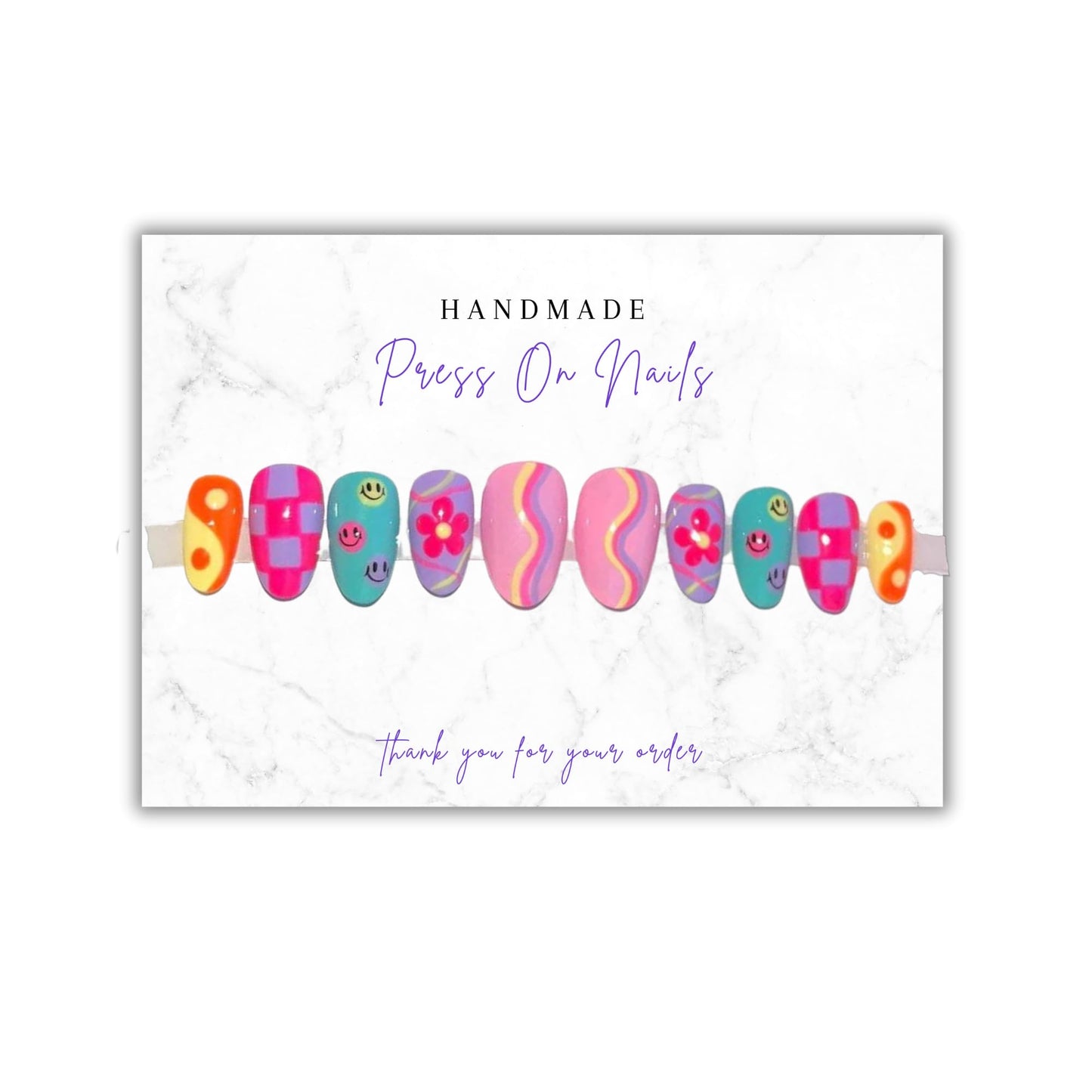 Handmade Acrylic Press On Nails Display Card | 5x7” 30 pk | w/Application Aftercare Instructions Inserts Marble for Packaging in Your 6 * 9 Holographic Bags Use With Double Sided Tape
