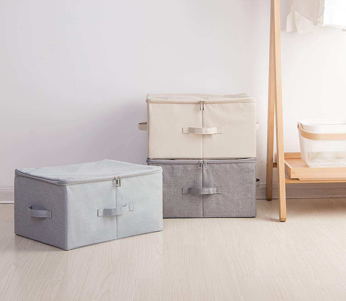 iwill CREATE PRO Folding Storage Box with Zip Lid and Handles, Rigid Storage Baskets With Linen Fabric& Plastic Board, Closet Shelf Drawers,Dark Gray, 2 pcs