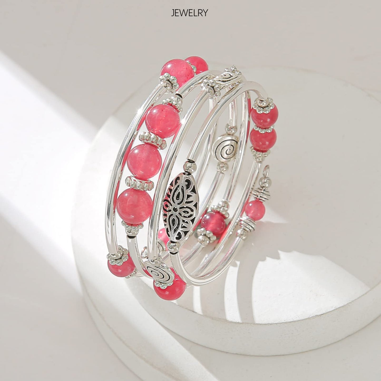 FULU AUTUMN Stackable Beaded Bracelets for Women Boho Wrap Silver Bracelet Layered Fashion Jewelry Gifts for Her(17-Rose red)