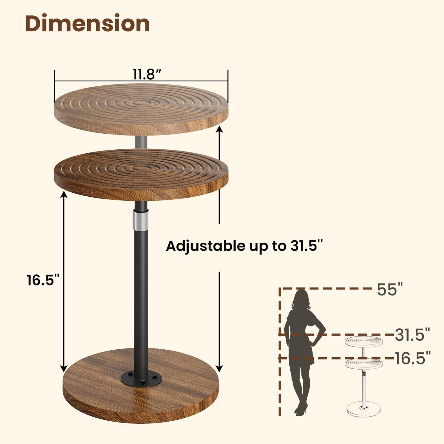 Asgolion Round Small Side Table, Adjustable-Height Drink Table, Pedestal Martini Stand, Weighted Base Cocktail Table Accent Nightstand for Living Room, Bedroom, Bathroom, Office, Walnut